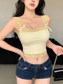 Camiseta ajustada sin mangas con adorno de encaje y atar para mujeres - Amarillo - Ver 5