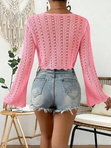 Cárdigan de punto calado de color liso casual para vacaciones - Rosa - Ver 2