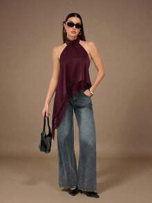 Tall Top de camisola sin espalda con adorno de encaje elegante, blusa sin mangas de satén con parches sexy para fiestas, cócteles, ocasiones formales, Navidad, casual de negocios - Burdeos - Ver 8