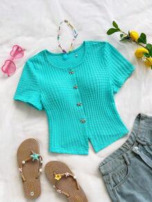 Blusa casual de mujer con manga corta, bordado de malla y lazo con botón - verde menta - Ver 1