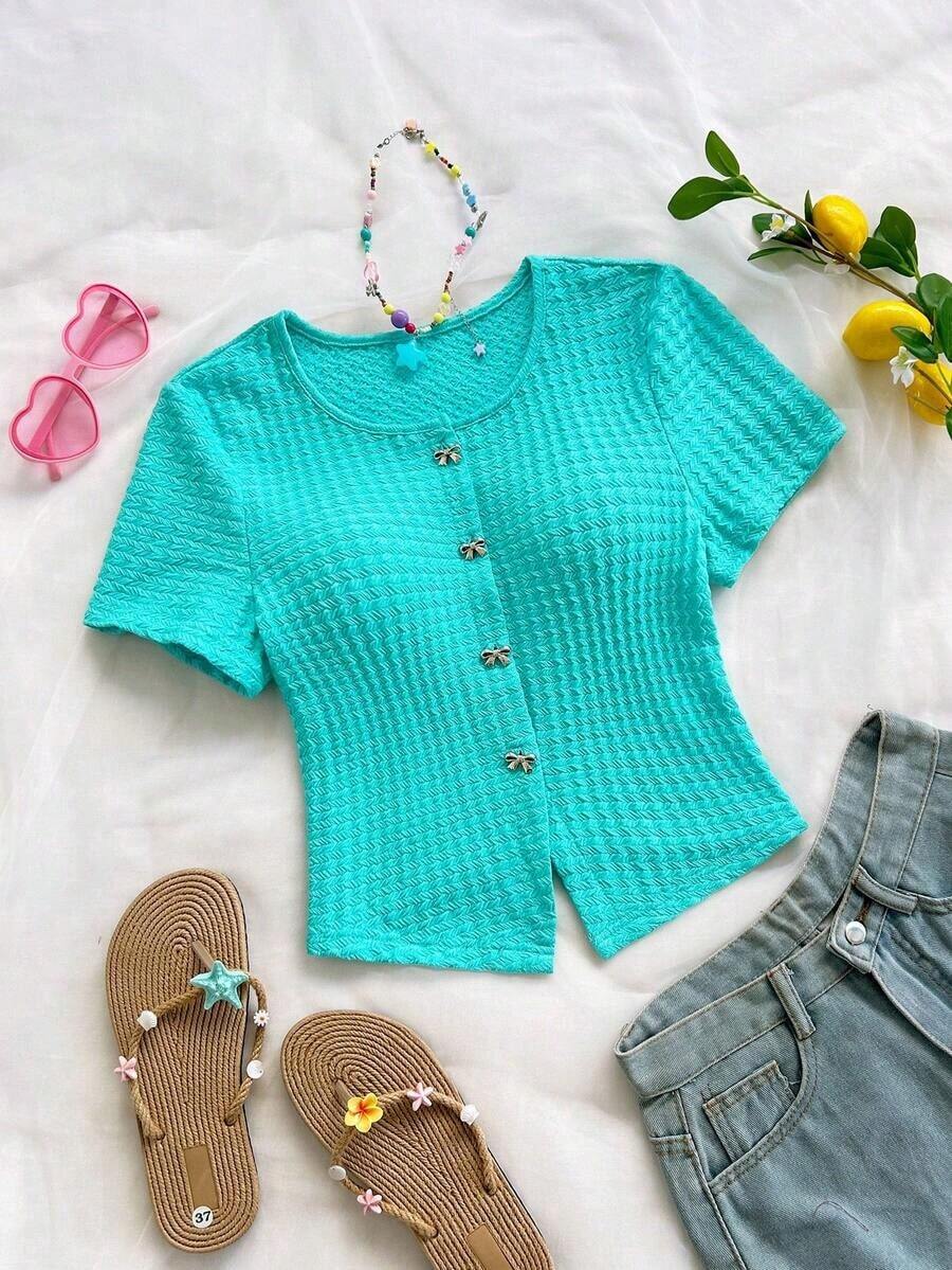 Blusa casual de mujer con manga corta, bordado de malla y lazo con botón - verde menta - Ver 1