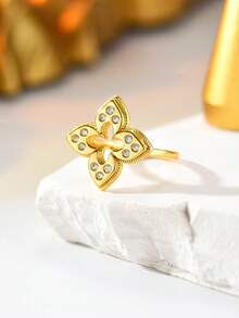 1 pieza Anillo abierto ajustable con flor de cuatro hojas hueca incrustada con piedra de circonita de cobre, estilo minimalista de moda, accesorio versátil para uso diario, regalo de vacaciones para mujeres - Multicolor - Ver 4