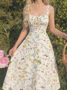 Vestido de longitud media con cintura fruncida y bordado floral para mujer - Albaricoque - Ver 3