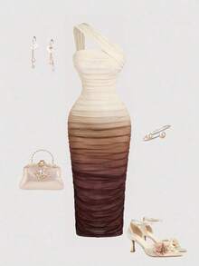 Vestido de malla de longitud media con un hombro, fruncido y efecto ombré - Multicolor 2 - Ver 1