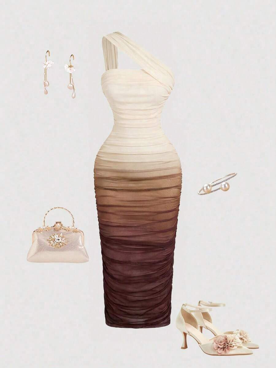 Vestido de malla de longitud media con un hombro, fruncido y efecto ombré - Multicolor 2 - Ver 1