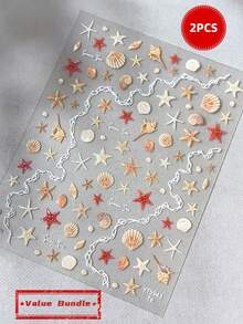 5D 浮雕貝殼發光海星貝殼美甲貼紙 1 片，海洋度假風自黏式 DIY 美甲貼紙與美甲貼花，女童與女性美甲用品、美甲配件與美甲工具，夏季美甲師美甲沙龍度假造型 - 彩色 - 查看 14
