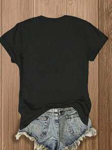 1 pieza de camiseta casual de manga corta con estampado de hibisco para mujer, camiseta de cuello redondo para mujer, estilo suave para la playa y uso diario, camiseta casual estilo vacaciones, estilo de primavera y verano para mujer, temporada de graduación, temporada de regreso a la escuela, camiseta estampada de talla grande para mujer, color negro, 100% algodón. - Negro - Ver 2