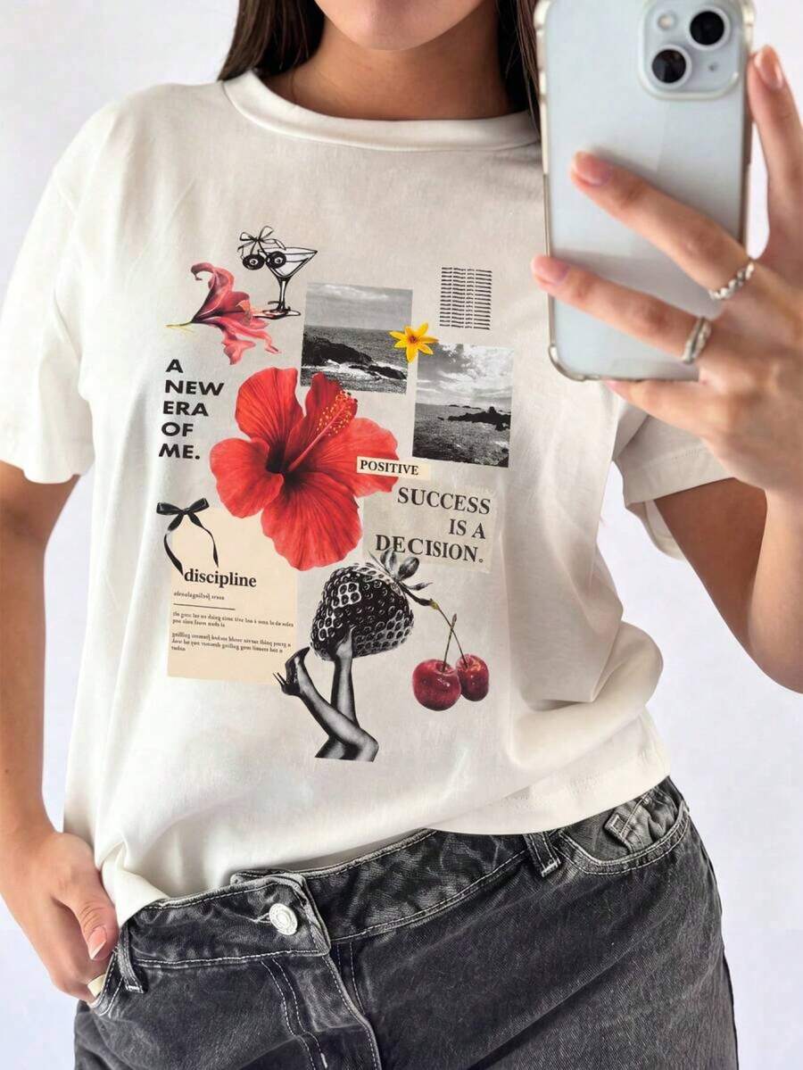 Camiseta Casual de Mujer de Punto con Manga Corta, Hombros Caídos y Cuello Redondo de Longitud Regular CA99 - Blanco - Ver 1
