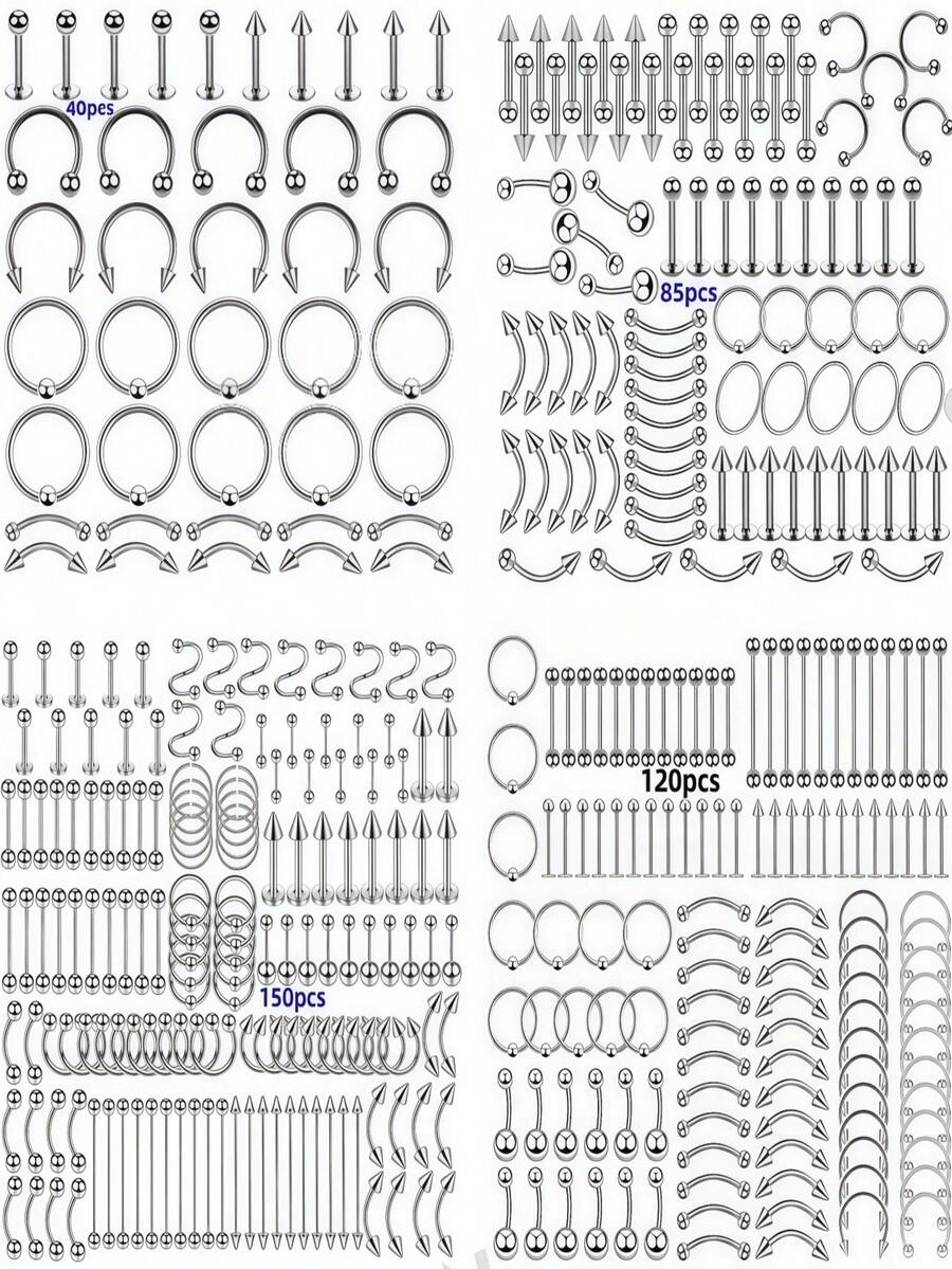 【数量选项】钛钢唇环、不锈钢眉环、鼻环、鼻钉、舌环、肚脐环、眉环、混合套装 - 銀色 - 查看 1