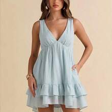 X    Women's Summer Gentle Vacation Style Solid Color Deep V-Neck Layered Ruffle Hem Sleeveless Dress - Azul - Ver 5