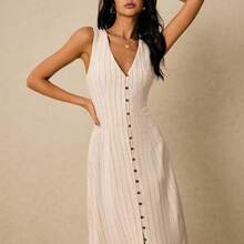Women's Dresses Linen Dresses Tie Back Waist Button Placket Striped Dress Vest Dress Boho Holiday Women's Sleeveless Striped Dress Casual Vacation Y2k Clothes Country Concert Outfit Old Money Streetwear Going Out Outfits Vintage - Azul - Ver 6