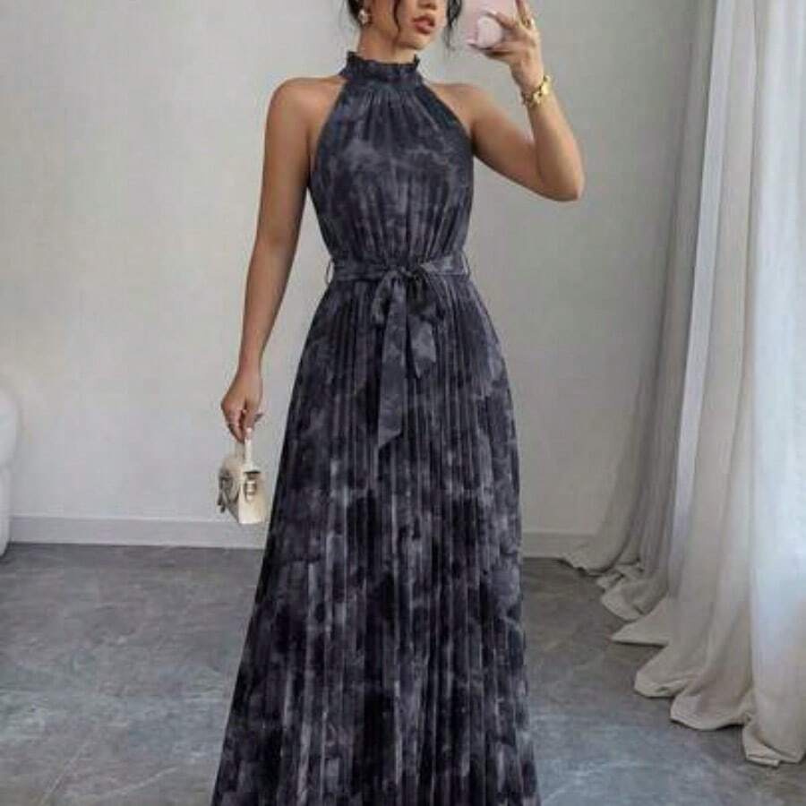 Elenzya Sleeveless Halter Waist A-Line Floral Print Elegant Romantic Dress For Women - Multicolor - Ver 1