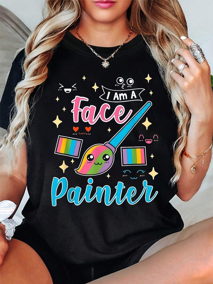 Camiseta de Diseño Simple y Versátil, soy pintor de rostros. Estampada con pinceles coloridos y motivos de estrellas, esta camiseta negra de manga corta y cuello redondo es lavable a máquina, adecuada para primavera, verano y otoño. Presenta un estilo casual, un ajuste cómodo, un diseño moderno, es versátil para el uso diario, está hecha de tela suave y es una camiseta de algodón a la moda. - Negro - Ver 1
