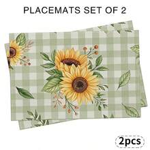 A Complete Set Of Daily Sunflower, Green Leaf, Green Checkered, And Striped Patterned Placemats, Suitable For Spring, Summer, Autumn, And Winter. It Adopts A Multi-Color Pattern Design And Is Woven From 100% Polyester Fiber. The Size Is 12 * 18 Inches And Can Be Machine Washed With Polyester Placemats. Heat Resistant, Stain Resistant, Waterproof, Easy To Clean, Suitable For Dining Tables, Holiday Party Decorations, Desktop Protection, Kitchen And Living Room Decorations, And Daily Use. - Multicolor - View 21