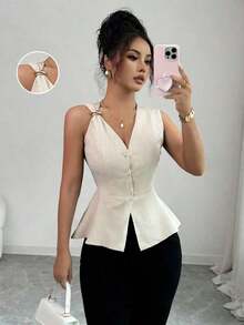 Nueva blusa sin mangas con cuello en V y diseño de hebilla metálica, que ciñe la cintura, versátil para mujeres, de verano - Albaricoque - Ver 2