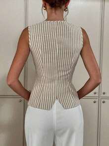 Chaleco de rayas finas elegante y de lujo, blazer sin mangas de verano de color azul marino elegante, atuendos de oficina y trabajo de negocios para mujeres, chaleco ajustado con botones enjoyados único y elegante, top social de moda para ir al trabajo - Multicolor - Ver 3