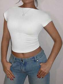 Camiseta casual de mujer de cuello de pico, manga corta y ajustada, versátil - Blanco - Ver 6