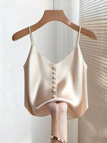 Camiseta de satén de unicolor minimalista y elegante con perlas falsas para mujer, de verano - Albaricoque - Ver 3