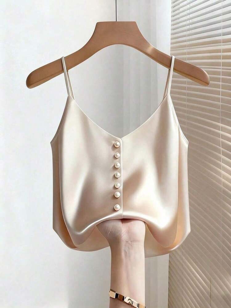 Camiseta de mujer de moda elegante con decoración de perlas falsas, versátil - Albaricoque - Añade 3