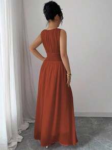 Vestido maxi casual, romántico, vintage y elegante de gasa para mujer con cordón en la cintura, para la playa, el té de la tarde, fiestas de noche, uso diario, sin mangas, de unicolor, vestido largo, primavera/verano - Óxido marrón - Ver 2
