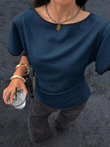 Camisa casual de mujer con ribete de contraste en la cintura y manga corta, para verano - Azul marino - Ver 4