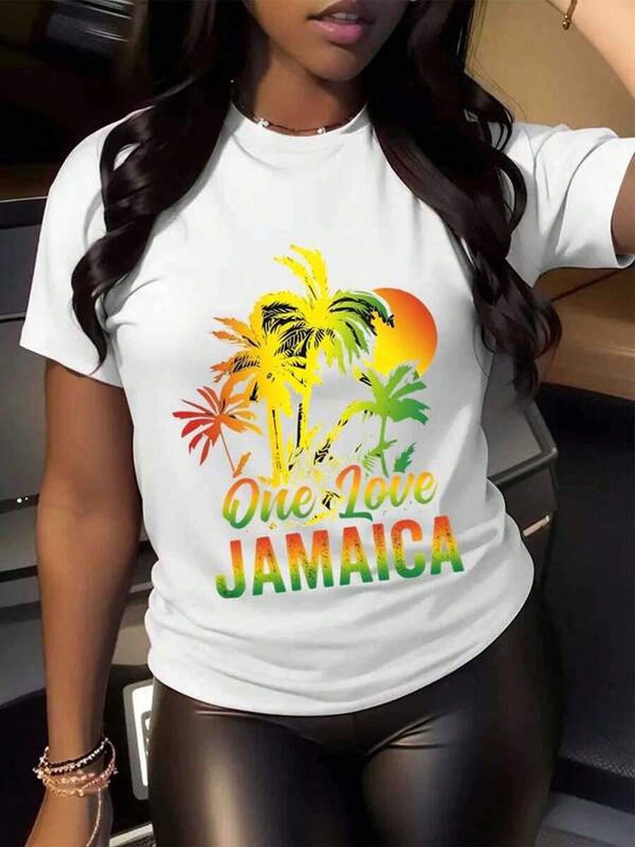 Camiseta de cuello redondo con estampado gr£fico para mujer con palmera de Jamaica y estampado "One Love JAMAICA" - Perfectara llaya, vacaciones y eventos con tem£tica tropical, es el mejor regalo para amigas. Tela de aod￳n con poco estiramiento (L-5XL).