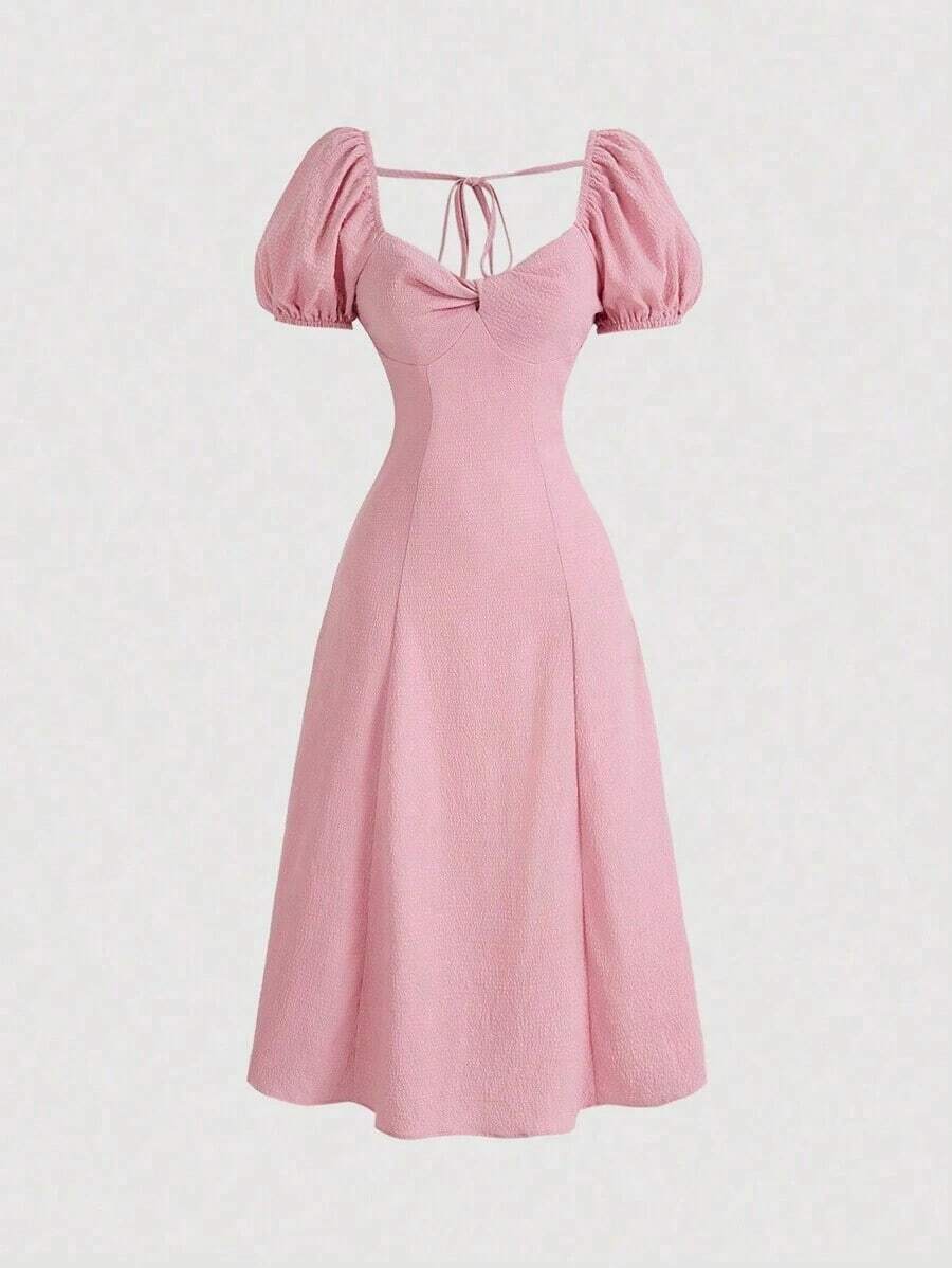 MOD Vestido de verano elegante de mujer de unicolor con mangas abullonadas y cintura ceñida - Rosa - Ver 1