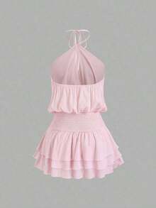 Vestido mini con espalda descubierta, estilo sexy y picante, de cuello halter, adecuado para citas, vacaciones y verano - Rosa - Ver 2