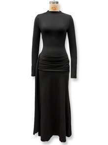 Autumn-Winter Dress With High Neck, Long Sleeves, Ribbons, Pleated, Fitted, Elegant European Fashion Style For Women - 黑色 - 查看 6