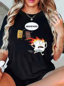 Women's Casual Printed T-Shirt - Short Sleeve, Crew Neck, Black With Colorful Cartoon Characters And "GROUP HUG!" Design, Lightweight Polyester Blend, Suitable For Spring And Summer, Casual Summer Top. Fun Printed T-Shirt. Machine Washable, Women's T-Shirt. Suitable For Spring, Summer, And Autumn. - 黑色 - 查看 1