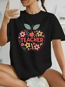 Camiseta Casual de Cuello Redondo para aestras - Diseño Colorido con anzana, Corazón, Flores Pastel, Hojas Verdes y Texto Rosa en Negra - Ideal para el Día del aestro, Día de la adre o Uso CasualRopa diaria para chicas dulces o estudiantes ,Ropa fresca y sin sudor en verano,Traje de fiesta elegante,T-shirt para damas elegantes,Blusas adecuadas para mujeres con curva, - Negro - Ver 7