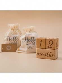 Newborn Growth Milestone Wooden Blocks, Growth Memory Photography Props, Birthday Record Photography, Birth & Growth Commemoration - Beige - View 2