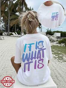 Gift Women's Blouses [Double-Sided Print] Women's Summer Casual Loose Fit Top With Gradient Graffiti Lettering 'IT IS WHAT' Print, Round Neck, Short Sleeve, Drop Shoulder, Oversized T-Shirt [1] Gym Y2k Round Neck 100% Cotton Soft Fabric Short Sleeve - 白色的 - 查看 1
