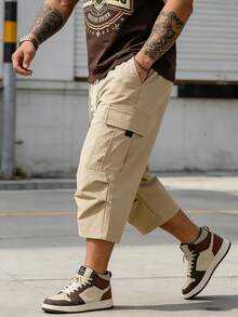 Pantalones cortos casuales de unicolor para hombre de talla grande con bolsillos, pantalones casuales rectos y sueltos para hombre de talla grande, pantalones de talla grande para hombre, pantalones deportivos sueltos de color negro, pantalones deportivos para hombre, pantalones cortos para hombre, regalo para el esposo - Caqui - Ver 5