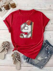 Women's Pure Cotton Printed T-Shirt, Women's Pure Cotton Printed T-Shirt, Number Nine With Red Cap, Glove, Ball, And Bat Symbolizing The Passion For Baseball And Sports Energy, Women's 100% Cotton Casual Comfortable T-Shirts For Everyday Wear - 紅色的 - 查看 3