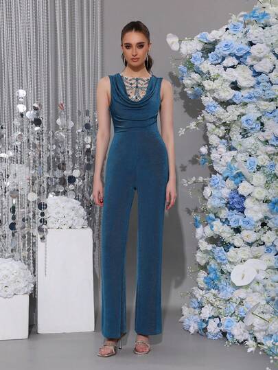 Bộ jumpsuit không tay dáng xòe, cổ bèo nhún, chất liệu lưới, đính hạt cườm và sequin, kiểu dáng thanh lịch mới dành cho nữ, thích hợp cho các bữa tiệc ngày lễ.