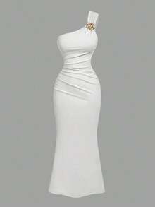 Vestido de cola de pez con cuello fruncido y decoración de broche azul - Blanco - Ver 1