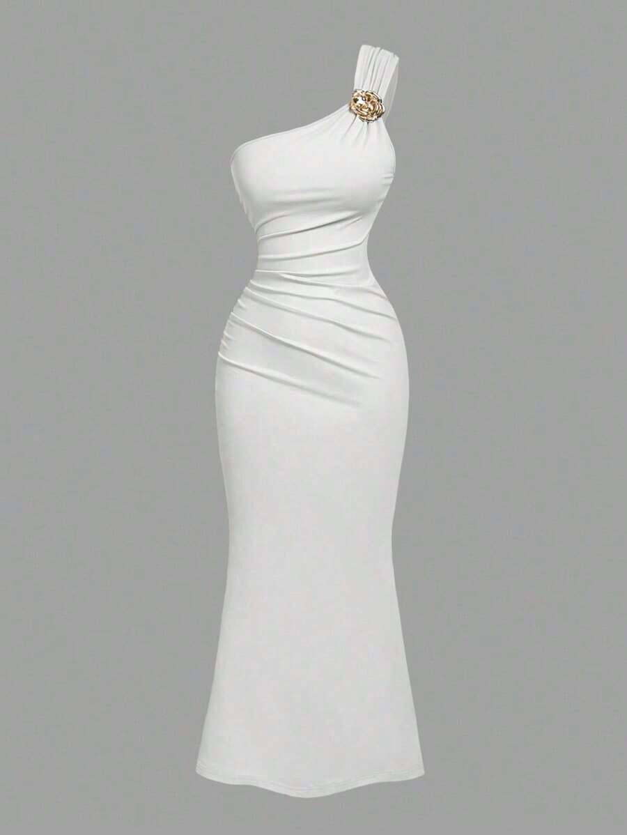 Vestido de cola de pez con cuello fruncido y decoración de broche azul - Blanco - Ver 1