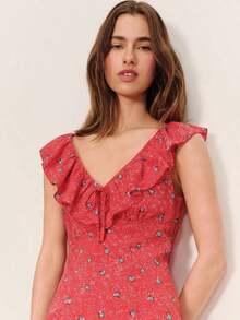 Vestido mini de línea A con estampado floral rojo, cuello abierto con volantes en la parte delantera y trasera, vestido casual de primavera y verano para vacaciones, vestido floral rojo, vestido con volantes, estilo francés - Rojo - Ver 6