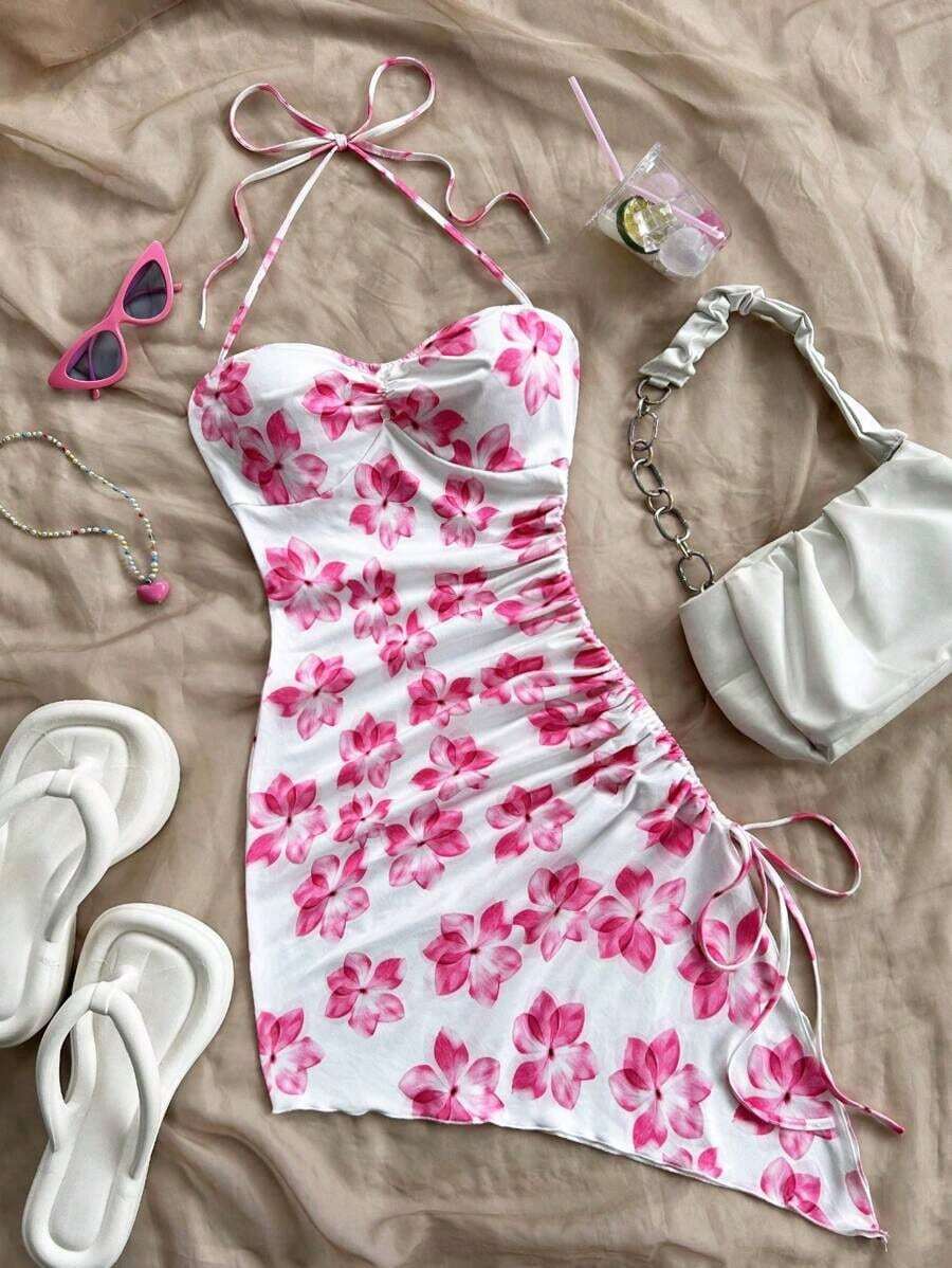 Vestido ceñido con estampado floral romántico de color rosa sobre base blanca, con dobladillo asimétrico, cuello halter y lazo, para vacaciones, playa, estilo occidental, festivales, verano, estilo bohemio - Vestidos de verano para mujer - Multicolor 2 - Ver 1