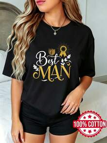 Women's Black Short-Sleeved T-Shirt With Round Neck And Print, Summer, Casual Style. Best Man With Crown And Ribbon, Sizes S-3XL, Fashion, 100% Cotton Material. - 黑色 - 查看 1