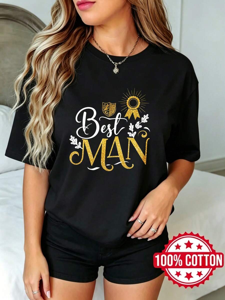 Women's Black Short-Sleeved T-Shirt With Round Neck And Print, Summer, Casual Style. Best Man With Crown And Ribbon, Sizes S-3XL, Fashion, 100% Cotton Material. - 黑色 - 查看 1