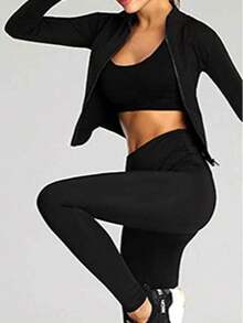 Las mujeres de peso ligero completo de la chaquede la pista de la pista de carrera de la cremallera del ejercicio del ejercicio delgado ajuste Sportwear del Yoga - Negro - Ver 10