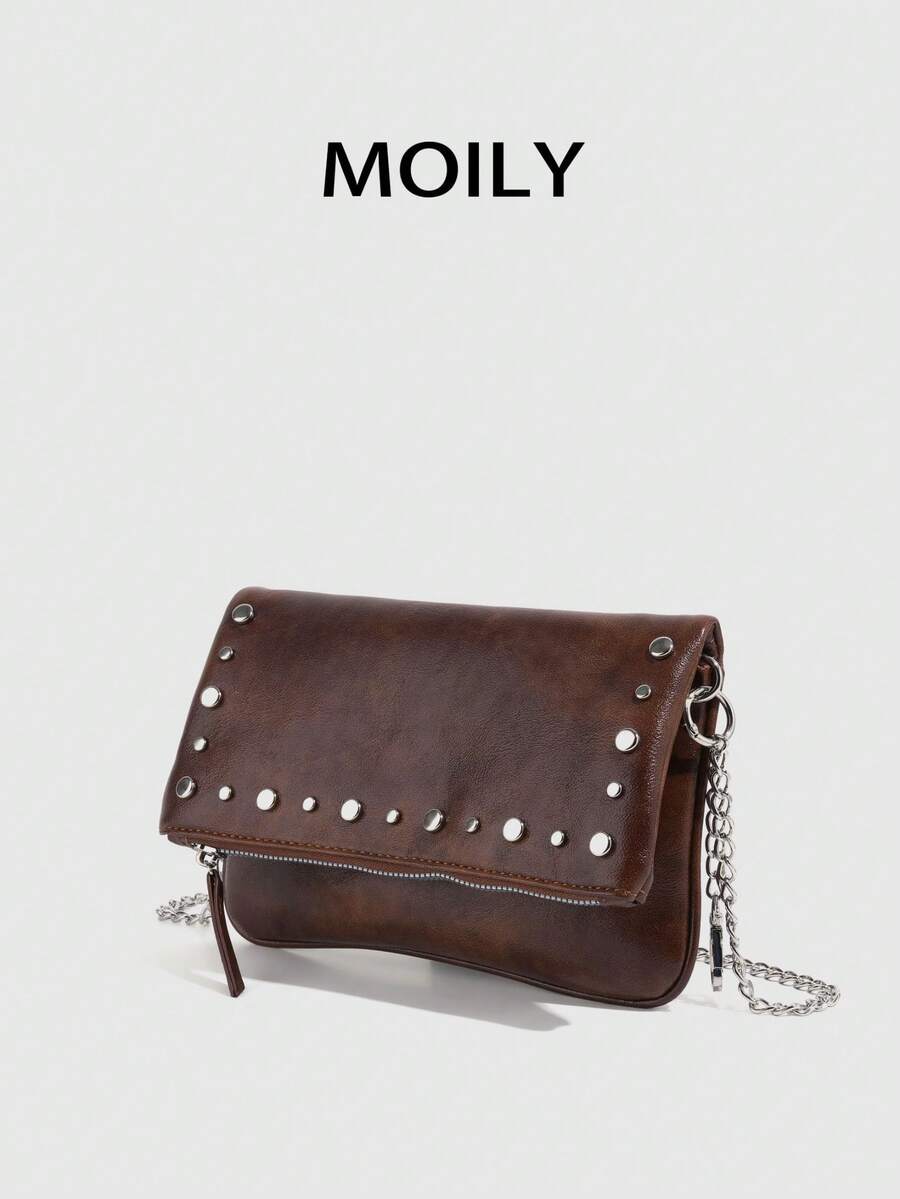 1pc Rivet Design Shoulder Crossbody Square Bag, PU Material, Metal Chain, Zipper Closure, Suitable For Shopping, Dating, Commuting, Party, Gift Giving - Brown - View 1