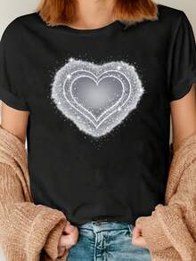 Women's Short-Sleeved T-Shirt With A Classic Sparkly Heart Print, Summer Wear, Regular Length, Suitable For Lounging At Home, Sports, Casual Wear, And Everyday Gatherings. Bestseller. - 黑色 - 查看 3