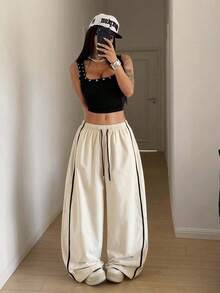 HypeZone Pantalones deportivos casuales de pierna ancha con cintura con cordón - Caqui - Ver 9