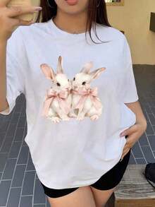 SummerCamiseta casual de manga corta con conejito y pajarita. Ideal para diario y vacaciones. Ideal para primavera y verano. Camiseta de manga corta para mujer, estilo básico que combina con - Blanco - Ver 12