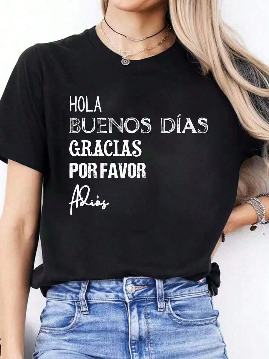 short sleevesCamiseta Casual de Primavera/Verano 2026 con Estampado de Letras, Cuello Redondo y Manga Corta, Estilo Deportivo Versátil y Sencillo para Mujer Z6RHLeisure - Negro - Ver 1