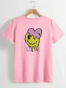 Off-The-Shoulder T-Shirt With Letter And Cartoon Print - Pink - View 1