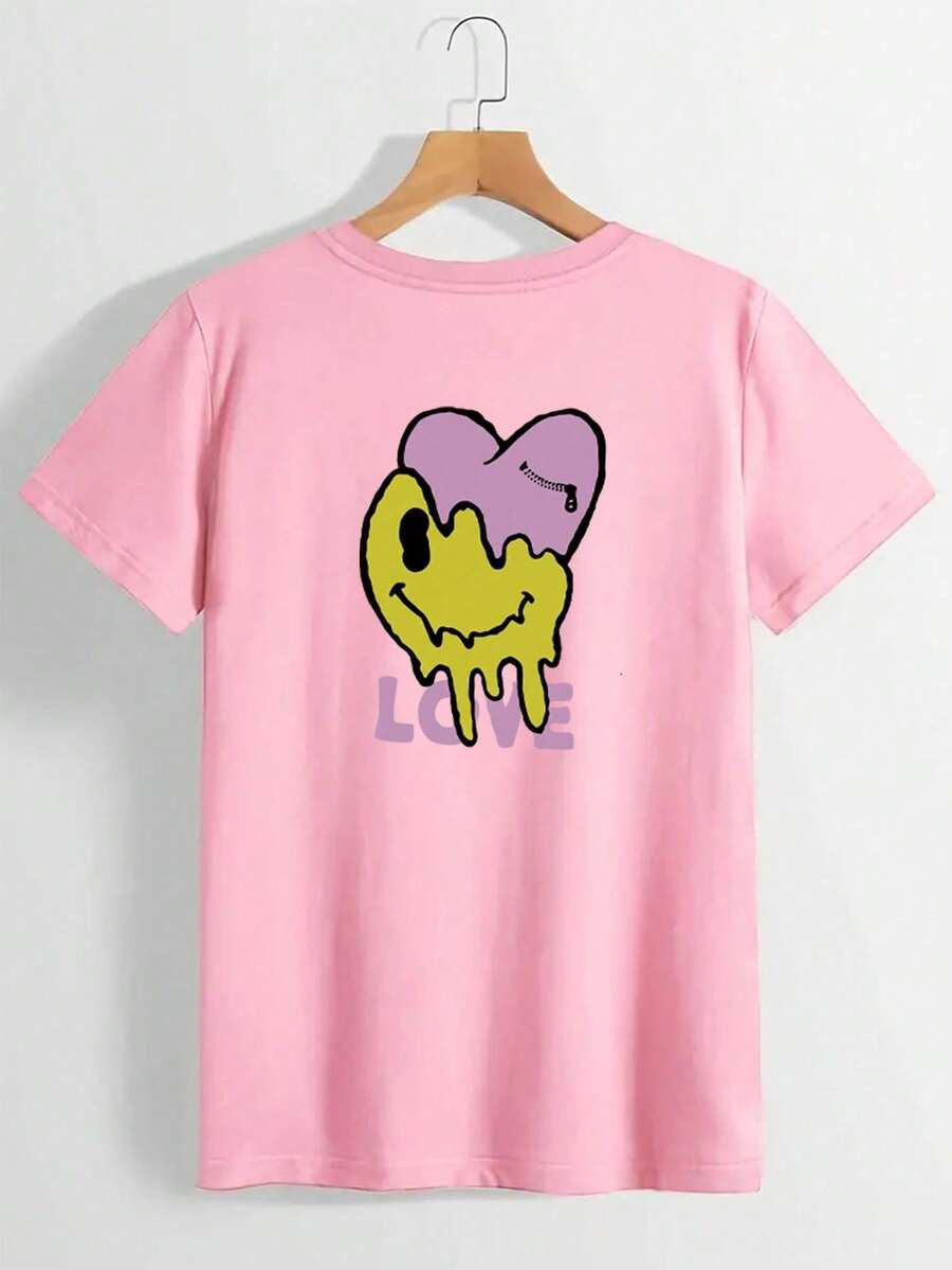 Off-The-Shoulder T-Shirt With Letter And Cartoon Print - Pink - View 1